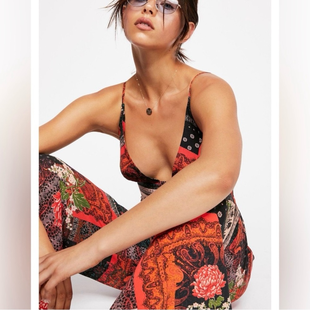 Free People Red & Black Patchwork Print Wide-Leg Jumpsuit - Picture 3 of 10